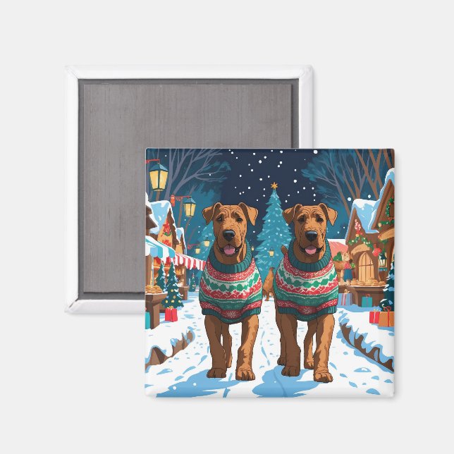 Airedale Hundar Jul Snö Holiday Magnet (Front/Back)