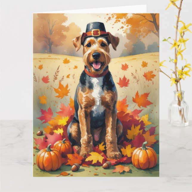 Airedale in Höst löv Thanksgiving Art Kort (Gul blomma)
