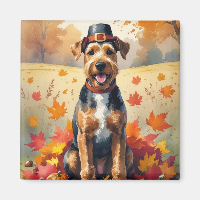 Airedale in Höst löv Thanksgiving Art Magnet (Framsidan)
