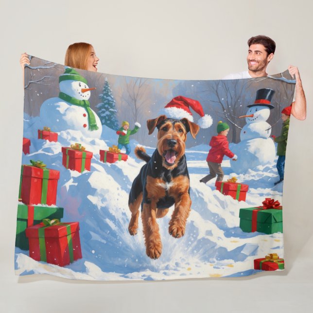 Airedale jul festiva snöscen fleecefilt (På plats)