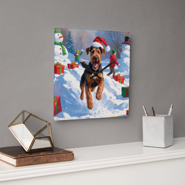 Airedale jul festiva snöscen fyrkantig klocka (Kontor)