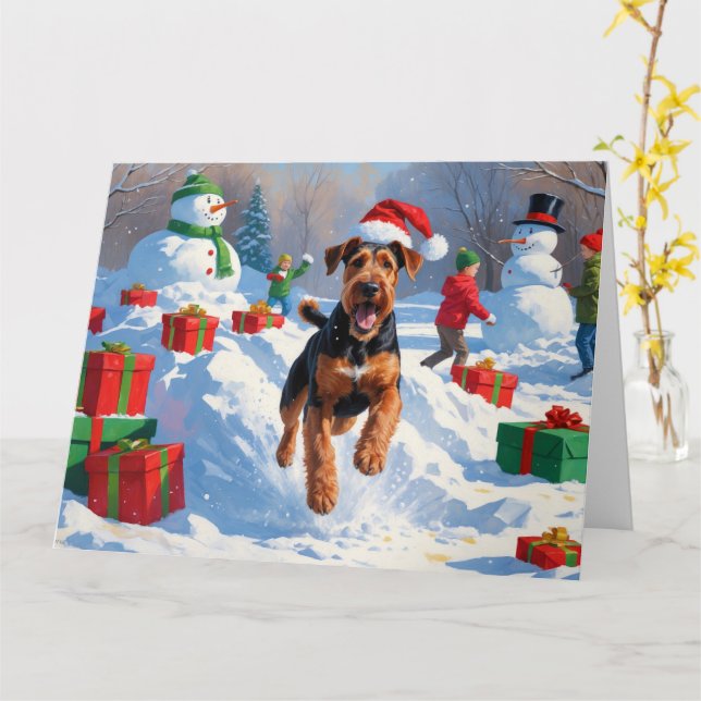 Airedale jul festiva snöscen kort (Gul blomma)