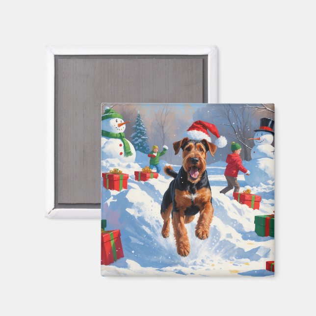 Airedale jul Festive Snö Scene Magnet (Front/Back)