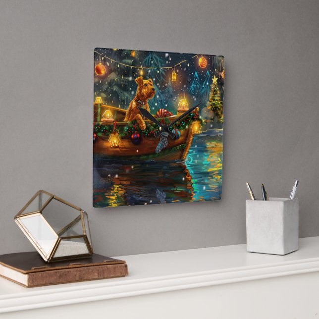 Airedale jul - festlig resa fyrkantig klocka (Kontor)