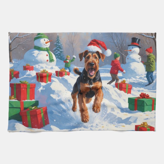 Airedale julfestlig snöscen kökshandduk (Horisontell)