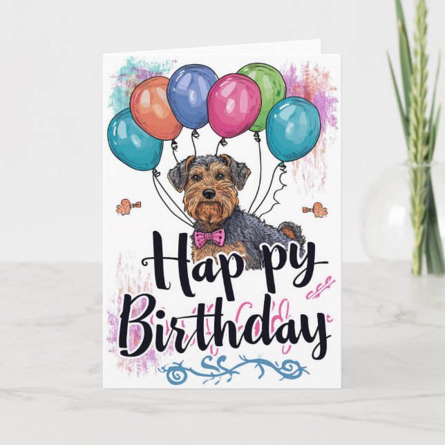 Airedale med ballonger födelsedag kort (Framsida)
