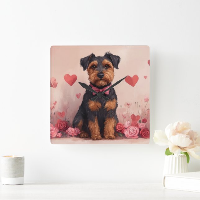 Airedale med rosor - Alla hjärtans dag Fyrkantig Klocka (Hem)