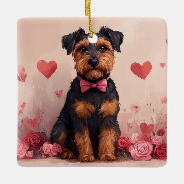 Airedale med rosor - Alla hjärtans dag Julgransprydnad Keramik (Framsida)