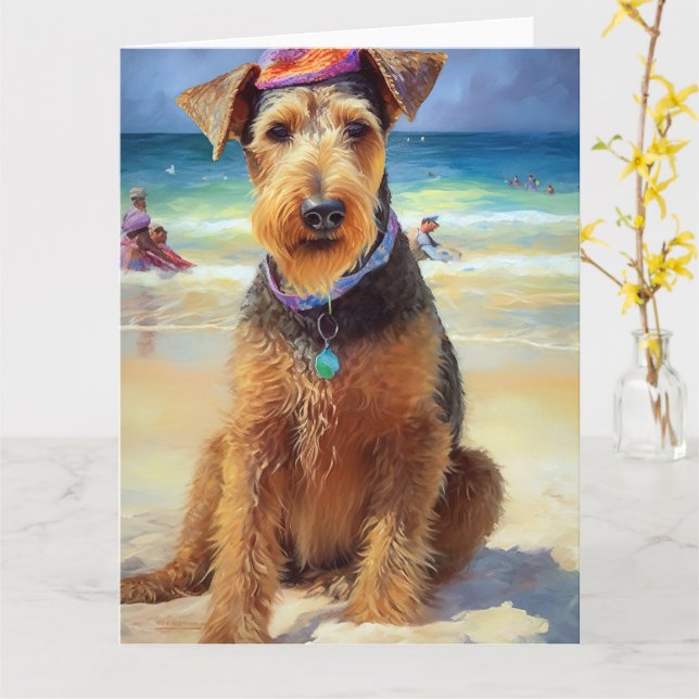 Airedale on Beach, summer gift for dog lovers  Kort (Gul blomma)