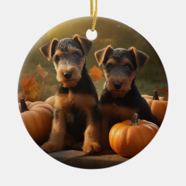 Airedale Puppy Autumn Delight Pumpkin Julgransprydnad Keramik (Framsidan)