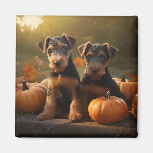 Airedale Puppy Autumn Delight Pumpkin Magnet (Framsidan)