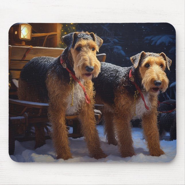 Airedale Snöig slädfärd juldekoration Musmatta (Framsidan)