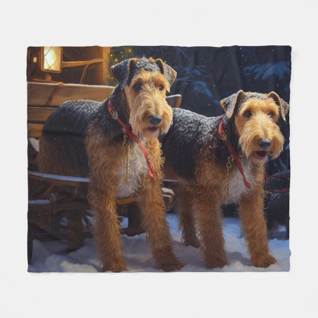 Airedale Snowy Sleigh Ride Juldekretet Fleecefilt (Framsidan (Horisontell))