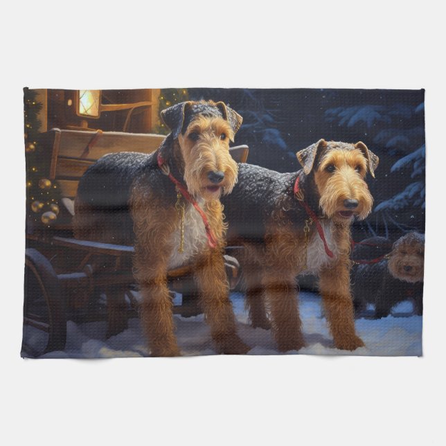 Airedale Snowy Sleigh Ride Juldekretet Kökshandduk (Horisontell)