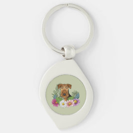 Airedale Terrier and Colorful Summer Flowers Grönt Swirl Silverfärgad Nyckelring