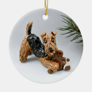 Airedale Terrier Black och Tan Tricolor Julgransprydnad Keramik