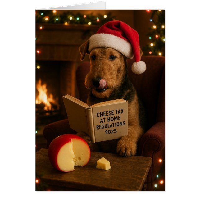 Airedale Terrier 'Cheese Tax' Christmas card Hälsningskort (Framsidan)