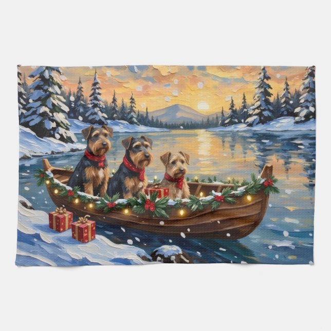 Airedale Terrier Christmas Boat Holiday Kökshandduk (Horisontell)