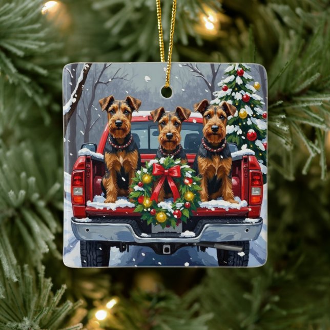 Airedale Terrier Christmas Red Truck Holiday Julgransprydnad Keramik (Träd)