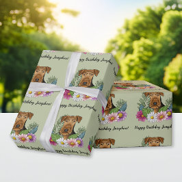 Airedale Terrier Colorful Flowers Birthday Grönt Presentpapper