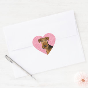 Airedale Terrier Cute Hund Head på Rosa Hearjärt Hjärtformat Klistermärke