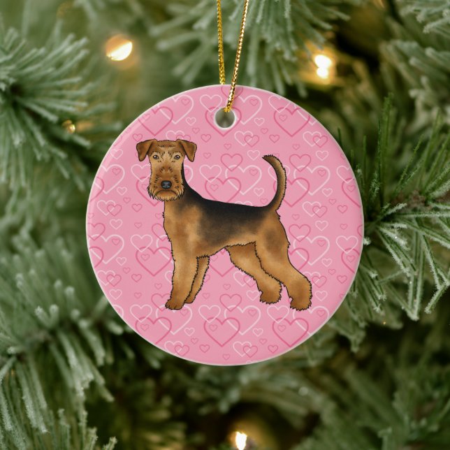 Airedale Terrier Cute Kärlek och Hjärter på Rosa Julgransprydnad Keramik (Träd)