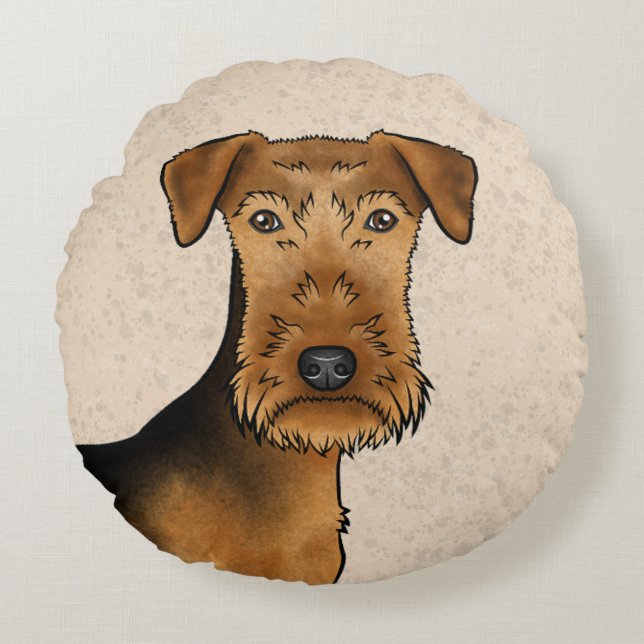 Airedale Terrier Cute Tecknad hund Head på Beige Rund Kudde (Framsidan)