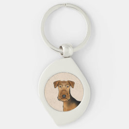 Airedale Terrier Cute Tecknad hund Head på Beige Swirl Silverfärgad Nyckelring