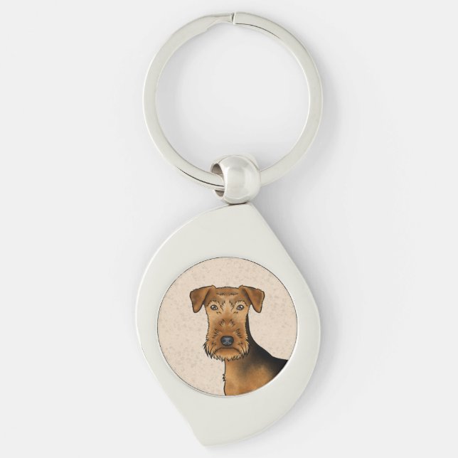 Airedale Terrier Cute Tecknad hund Head på Beige Swirl Silverfärgad Nyckelring (Framsidan)