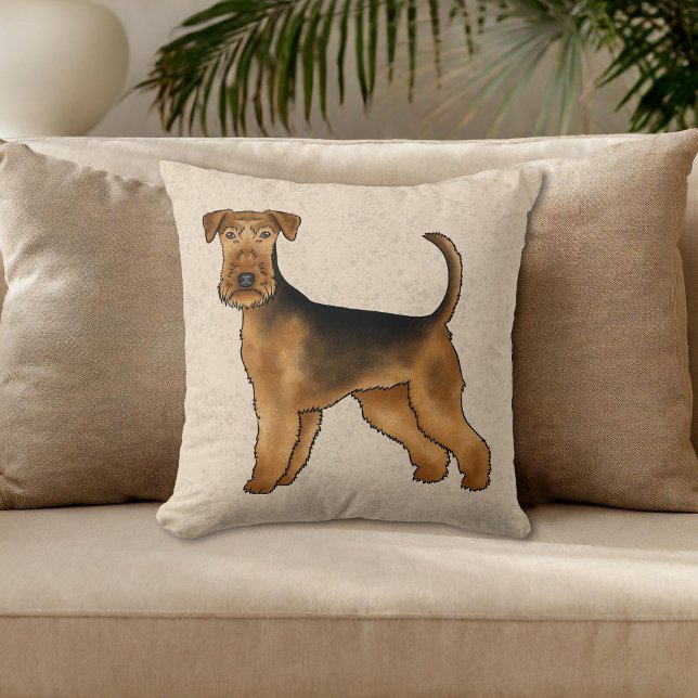 Airedale Terrier Cute Tecknad hund på Beige Kudde (Please note: This image is a digital mockup. The product may not be in scale.)