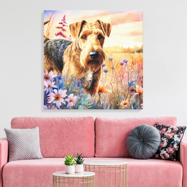 Airedale Terrier Dog in a Wildflower Meadow Canvastryck (Insitu (Vardagsrum))