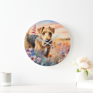 Airedale Terrier Dog in a Wildflower Meadow Stor Klocka