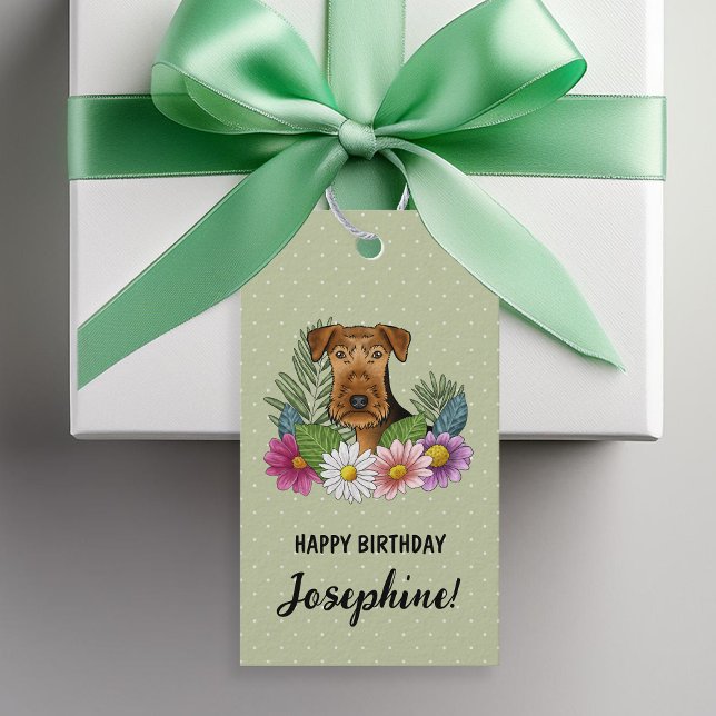 Airedale Terrier Färgglada Blommor Födelsedag Grön Presentetikett (Skapare uppladdad)