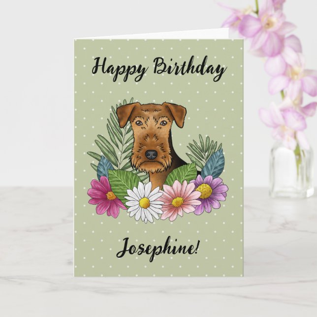 Airedale Terrier Färgglada Blommor Glad Födelsedag Kort (Orkide)