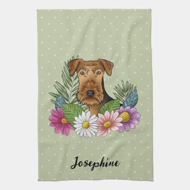 Airedale Terrier Färgglada Blommor Och Namn Grön Kökshandduk (Vertikal)
