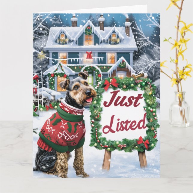 Airedale Terrier Festive Humor Realtor jul Kort (Gul blomma)