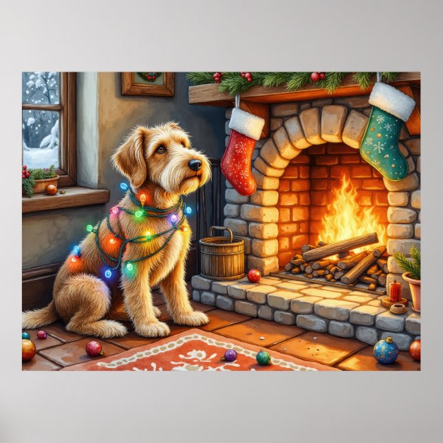 Airedale Terrier Fireplace Christmas Lights Poster (Framsidan)