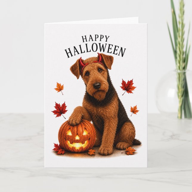 Airedale Terrier Halloween Djävulshund Kort (Framsida)
