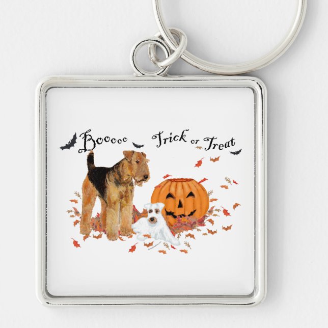 Airedale Terrier Halloween Fyrkantig Silverfärgad Nyckelring (Framsidan)