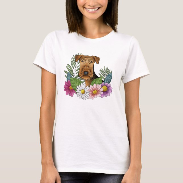 Airedale Terrier Head med färgstarka vilda blommor T Shirt (Framsida)
