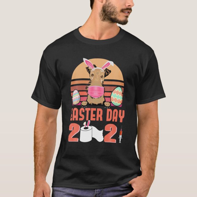 Airedale Terrier Hund Ansikte Mask Bunny Egg Påsk  T Shirt (Framsida)
