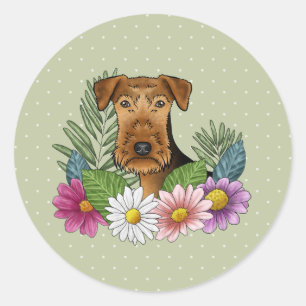 Airedale Terrier Hund Colorful Wildblommor Grönt Runt Klistermärke