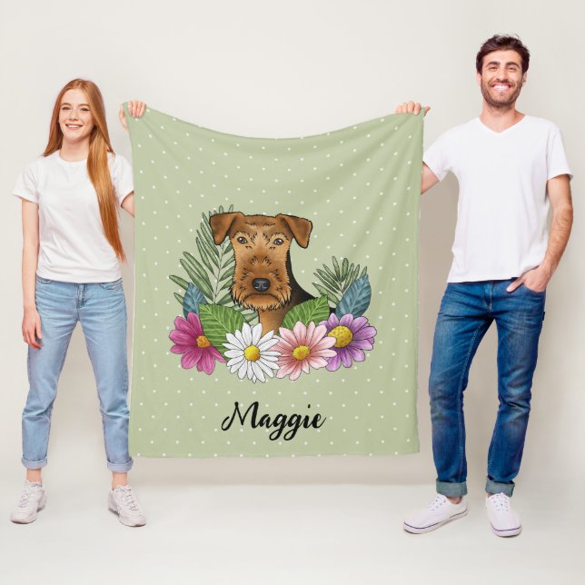 Airedale Terrier Hund Färgglada Blommor Och Namn Fleecefilt (På plats)