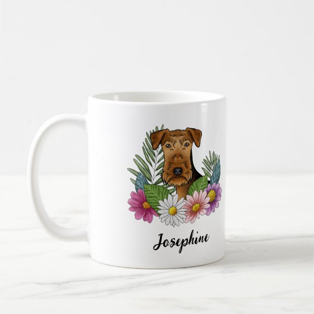Airedale Terrier Hund Färgglada Blommor Och Namn Kaffemugg (Vänster)
