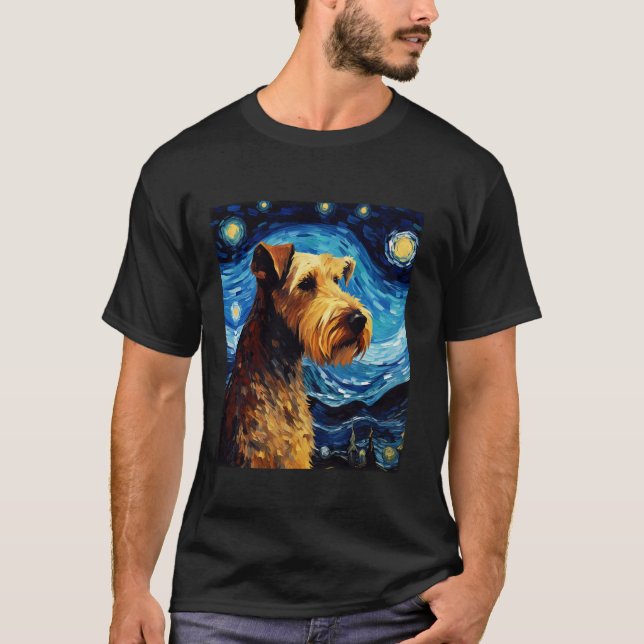 Airedale Terrier Hund Funny Starry Night Van Gogh  T Shirt (Framsida)