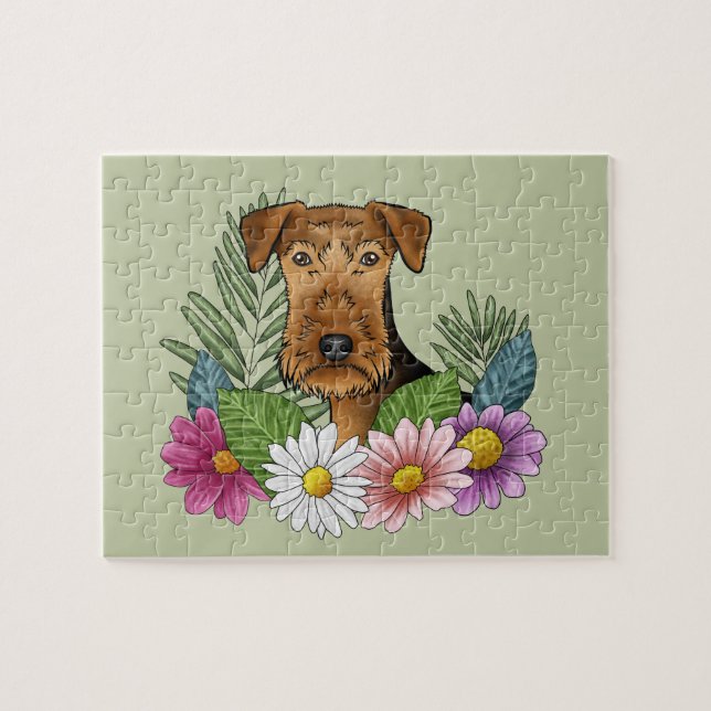 Airedale Terrier Hund Head Colorful Flowers Grönt Pussel (Horisontell)