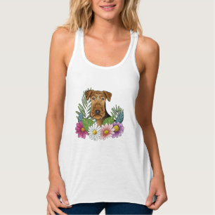 Airedale Terrier Hund Head with Söt Flowers Linne Med Racerback