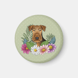 Airedale Terrier Hund Huvud Färgglada Blommor Grön Magnet