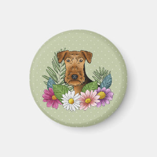 Airedale Terrier Hund Huvud Färgglada Blommor Grön Magnet