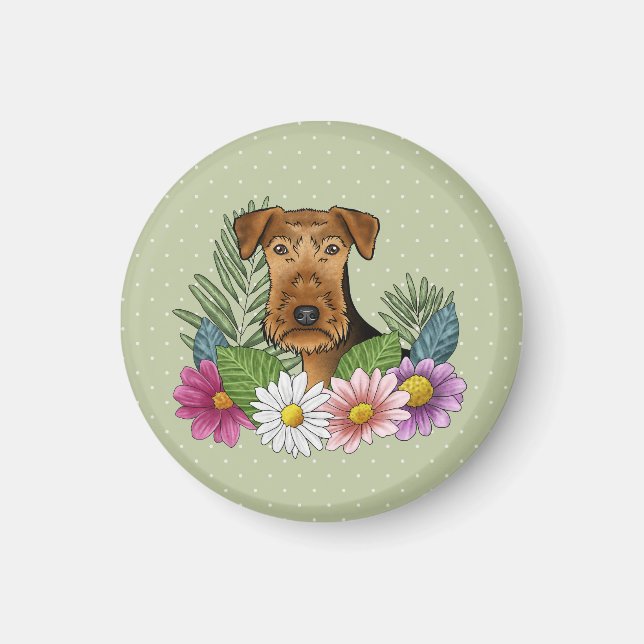 Airedale Terrier Hund Huvud Färgglada Blommor Grön Magnet (Framsidan)